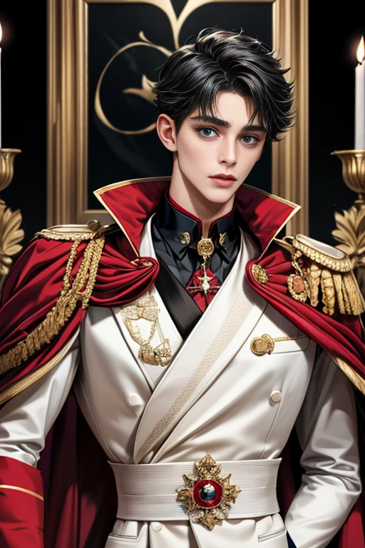 masterpiece, 最high quality, high quality, 1 boy, alone, Male focus, Upper Body,Watching the audience, Messy black hair, Adorable big blue eyes, White, Noble, Noble,A black and red cape that is bursting with sexy volume、Tuxedo、A very voluminous, large, very large, very large, long, long red and black cape with a high stand-up collar, made of a lot of fabric that reaches down to the floor., ,cute beautiful,Cute, cute, kind, handsome guy