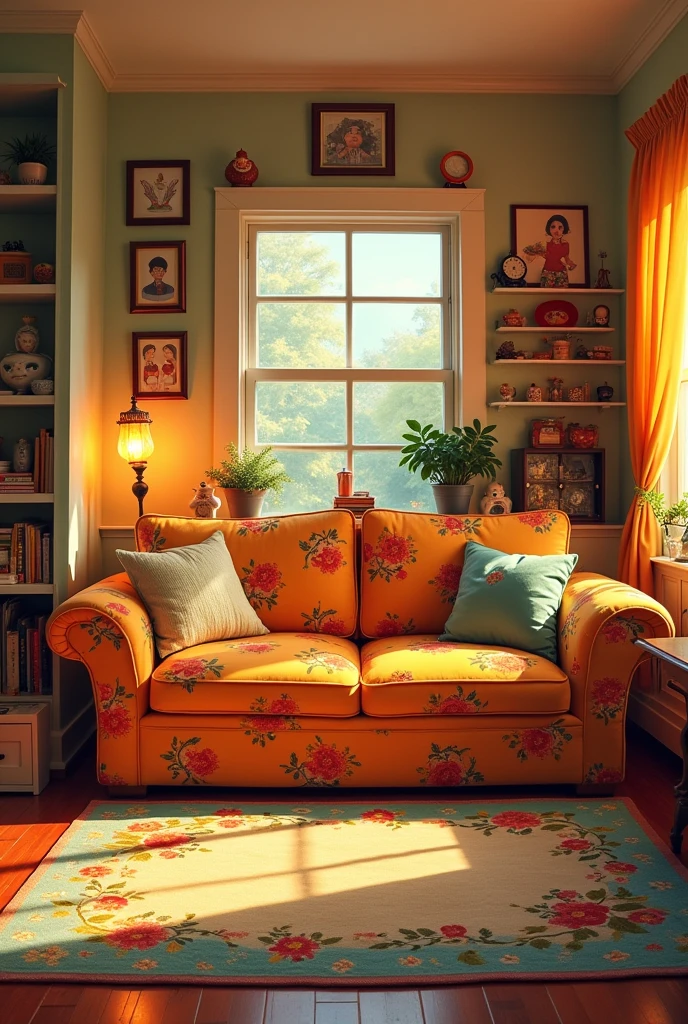 Living room very grandparents vibes with couch very detailed wide very animated cartoon Style