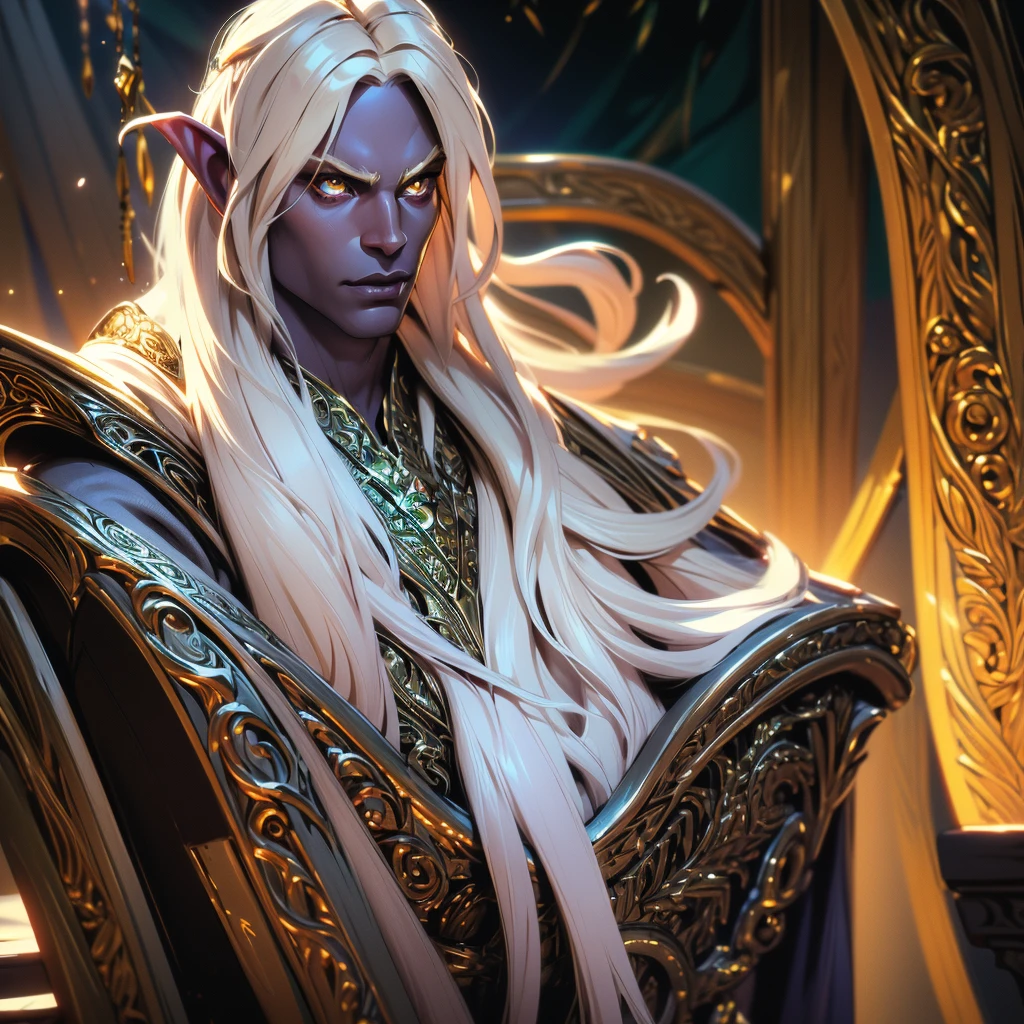 A handsome elf-drow man, blonde with long semi-wavy hair, dark skin, captivating golden eyes, wearing fine white clothes with gold accents, DnD fantasy style, cinematic lighting, intricate details, highly detailed, photorealistic, 8k, best quality, masterpiece
