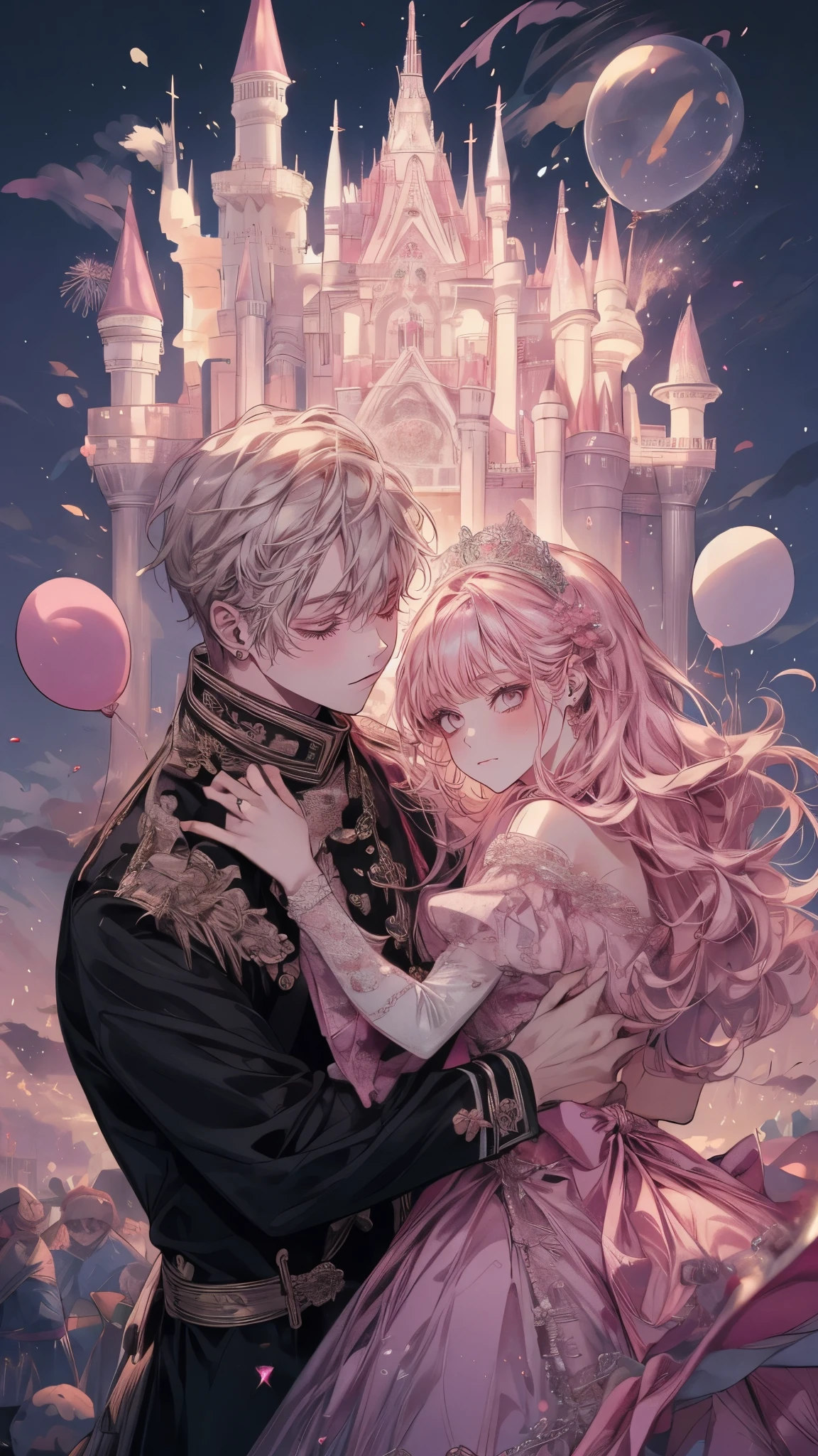 Princess、Prince、Pink long dress、Dance、Castle、firework、A lot of balloons、smile