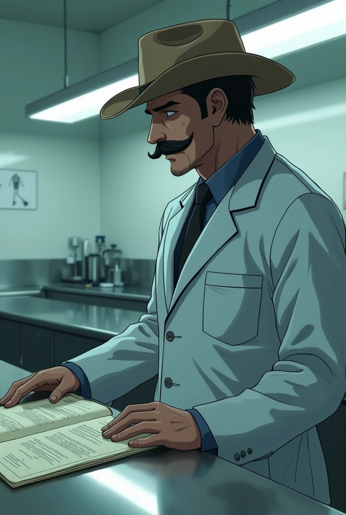 Make a man with a mustache, medical suit and rancher hat in a young anime morgue room