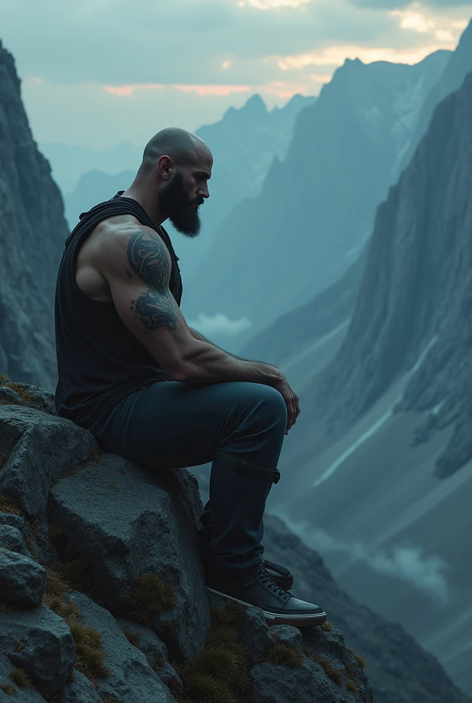 Generates a very strong, sad, bald man with his back sitting on a mountain