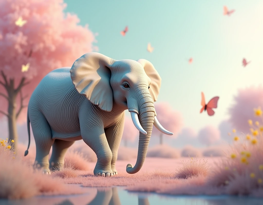 A 3D elephant with a soft pastel background on the right, symbolizing strength and wisdom in a zoo setting,c