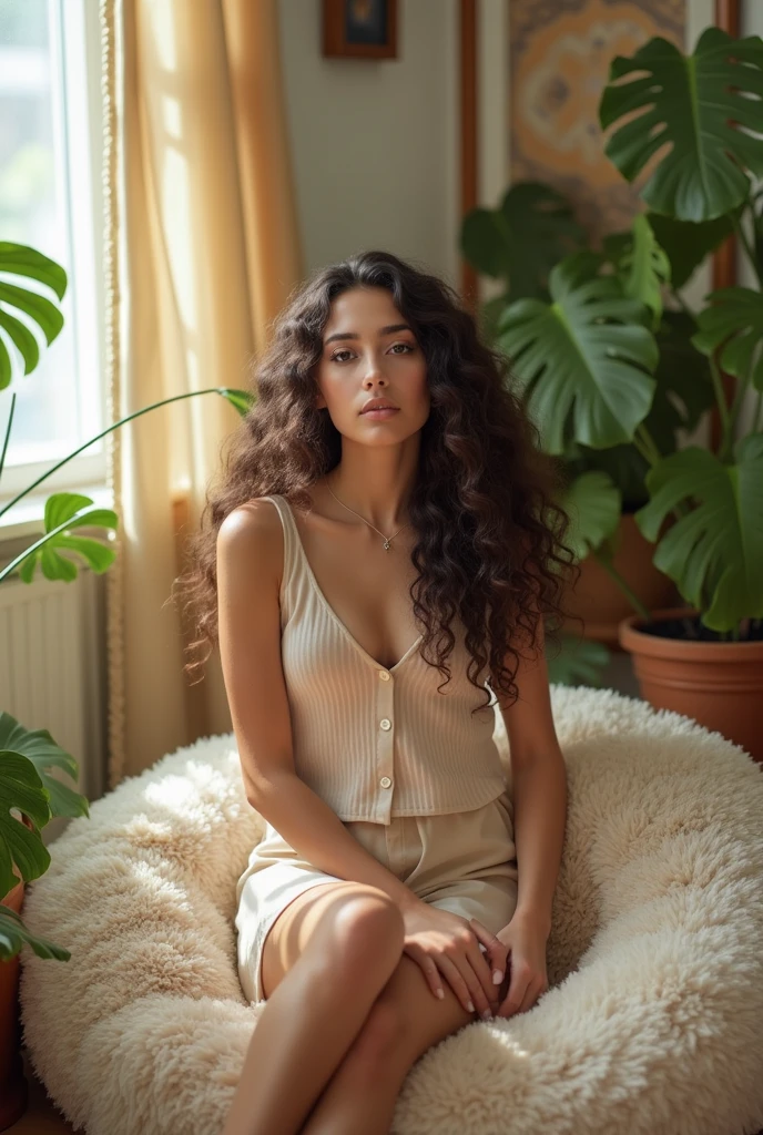 A brunette girl with curly hair and big breasts sits with her legs stretched out, taking a realistic photo