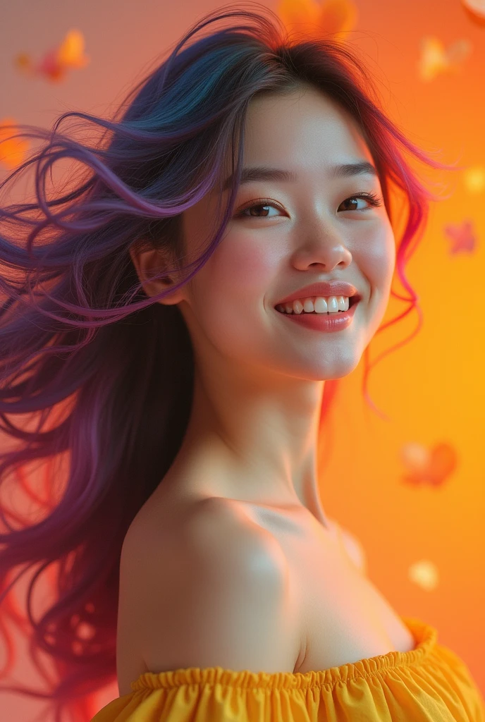 ((masterpiece)), ((Highest quality)), (Portrait of a beautiful girl), Eye for perfect detail, Face in perfect detail, Very elaborate nose, Open your mouth, Radom Color Shorts, Perfect Teeth, Exposing shoulders, Charm, Perfect Face, Dimples on cheeks, Depth of written boundary, High resolution, ((Realistic skin texture)), (Well-proportioned hands), Thin lips, Random color hair, Floating multicolored hair, Narrow waist, Orange pastel background