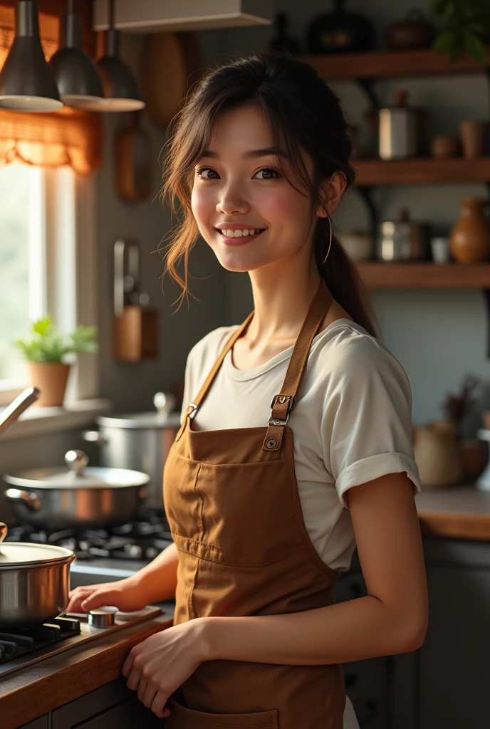 1 pretty girl，aprons，But nothing，white skinned，looking at viewert，Brown eyes，Realistis，at the kitchen，ssmile，low chest，huge tit