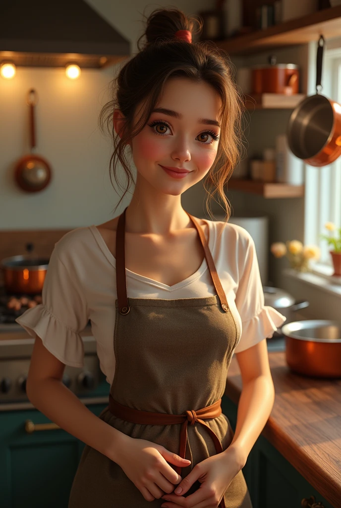 1 pretty girl，aprons，But nothing，white skinned，looking at viewert，Brown eyes，Realistis，at the kitchen，ssmile，low chest，huge tit