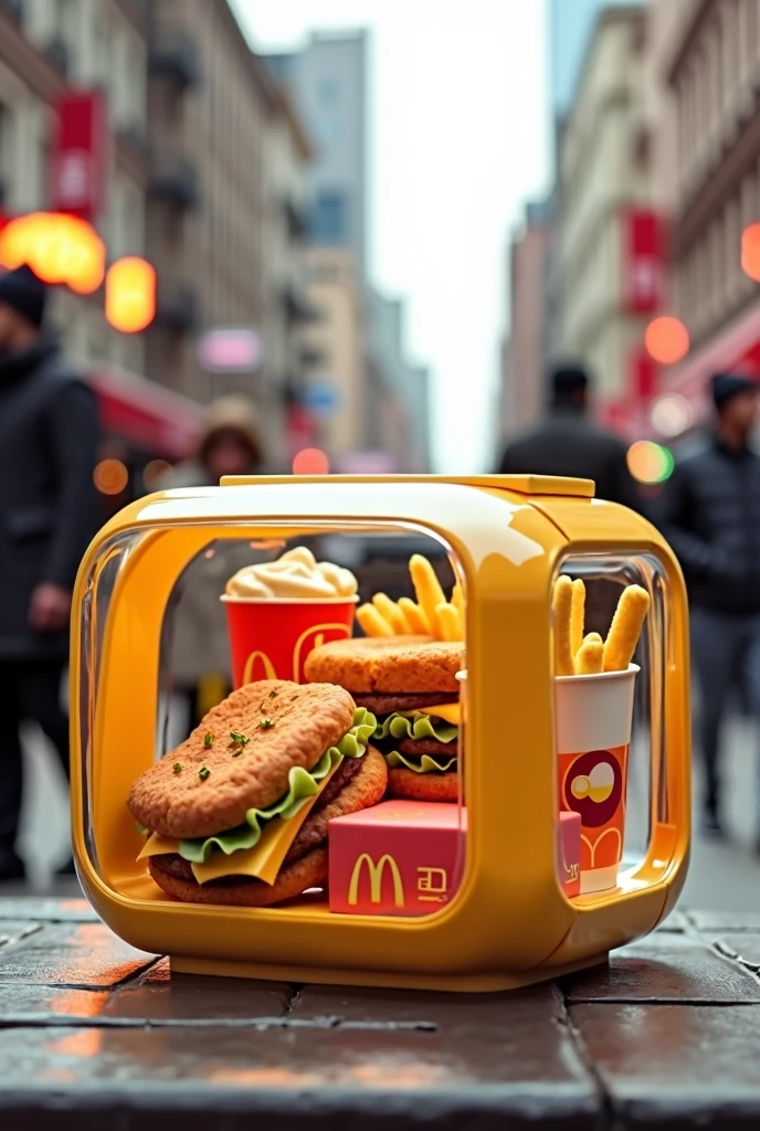 Créer moi une marque de nourriture qui s'appelle : Smart-food, ils proposent des nouritures de fast food livré dans une boite en plastique transparent, la boite edt un carré avec des bords arrondis et une ouverture,, la nourriture doit être Géométrique, avoir des formes carrés, comme un burger et des frited carrés, un coca cola carré, des nuggets carré, et un McFlurry carré, a bord arrondis, toutes les nourritures sont rassembles dans un seul conteneur, les nourriture doivent etre carrés