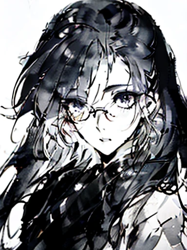 (highest quality, 4K, 8K, High resolution, masterpiece:1.2), Super detailed, beautiful and detailed eyes, beautiful detailed lips, highly detailed eyes and face, long eyelashes, Glasses, 1 girl, minimalistic, ink, ink painting, portrait, soft lighting, Subtle Colour.