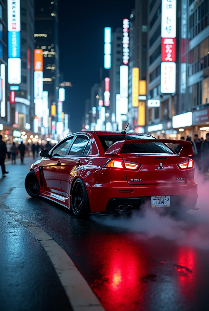 (photorealism:1.2),a man driven  the lancer evo x(glossy red)(sporty modified), (random angle view) at nights in tokyo city, very detailed carbon parts, smokes near the tire just like drifting, car lights is on, people taking picture with cellphones