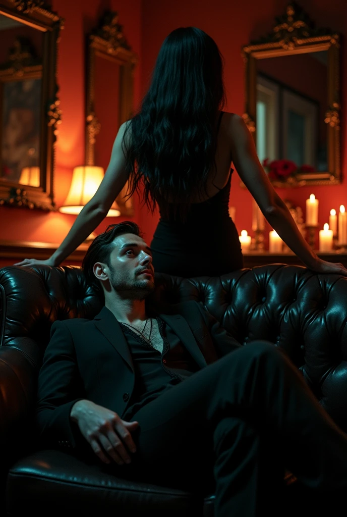 Man sitting on sofa and behind him, a vampire woman