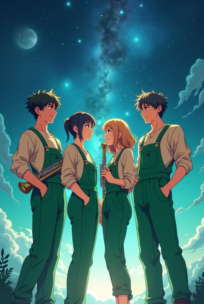 Anime-style refreshing young men and women wearing green long-sleeved casual overalls background space holding horn and clarinet in hands