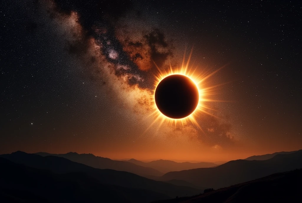 Un sublime ciel étoilé avec la voie lactée qui se devoile lors d'une eclipse totale de soleil, couronne solaire trèsdétaillé,  protubérance solaire très réaliste, éruption solaire