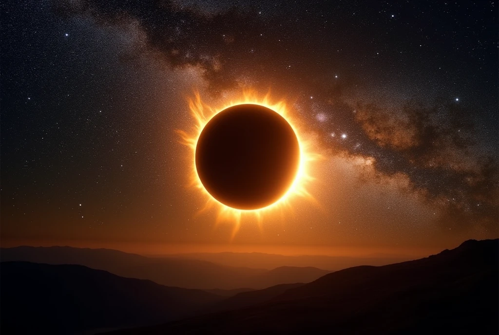 Un sublime ciel étoilé avec la voie lactée qui se devoile lors d'une eclipse totale de soleil, couronne solaire trèsdétaillé,  protubérance solaire très réaliste, éruption solaire