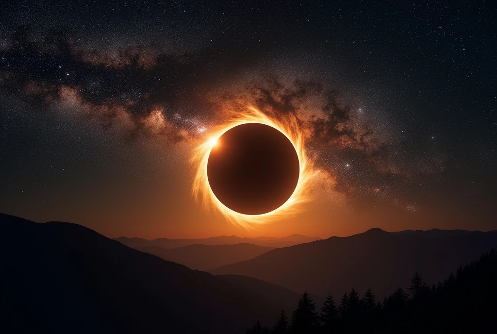 Un sublime ciel étoilé avec la voie lactée qui se devoile lors d'une eclipse totale de soleil, couronne solaire trèsdétaillé, protubérance solaire très réaliste, éruption solaire