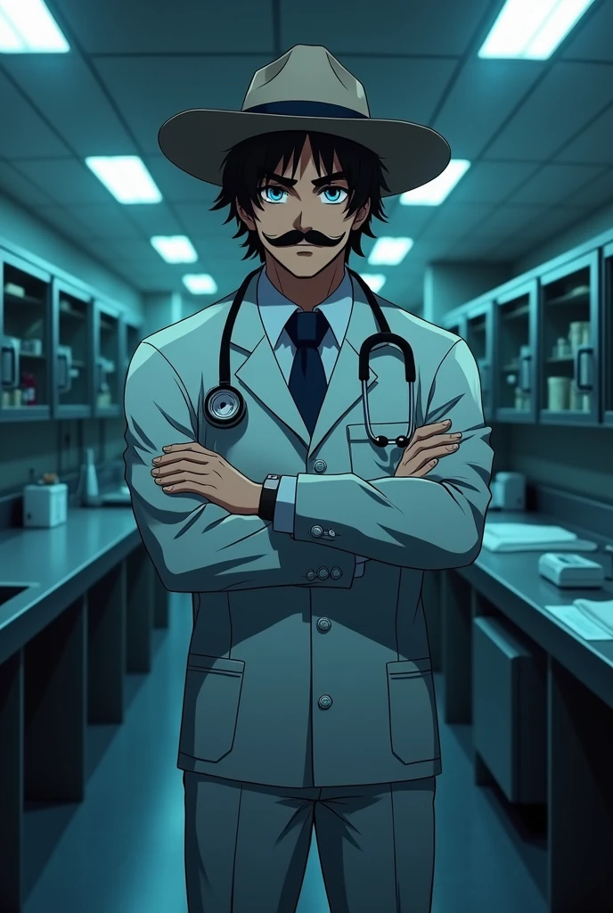 Make a man with a mustache, medical suit and rancher hat in a young anime morgue room