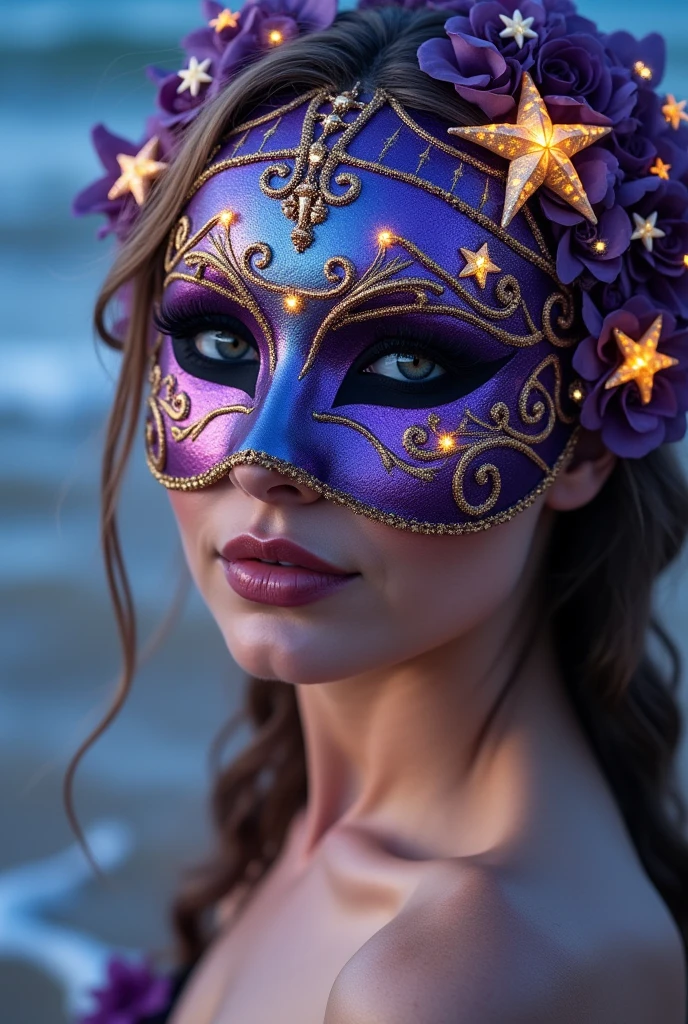 Generate a female mask with many arabesques and purple and gold, bright stars on the mask, for a mermaid masquerade ball, must be delicate and sexy