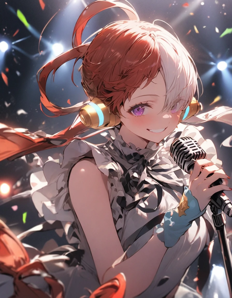 masterpiece、1 girl, Uta, red and white hair、((stand microphone))、smile、live stage background、lots of spotlights, (focus on the face)