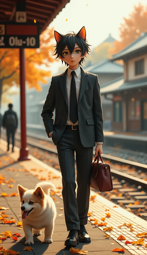 35mm lens,catboy,standing,dollface,Carrying a small school bag,Tram,Hokkaido,autumn season,Wood house,platform, layer,ruanjia,Suit,necktie,花catboy,stupid dog,肌肉发达的雄catboy, (精致的面容), (Thin and soft skin)