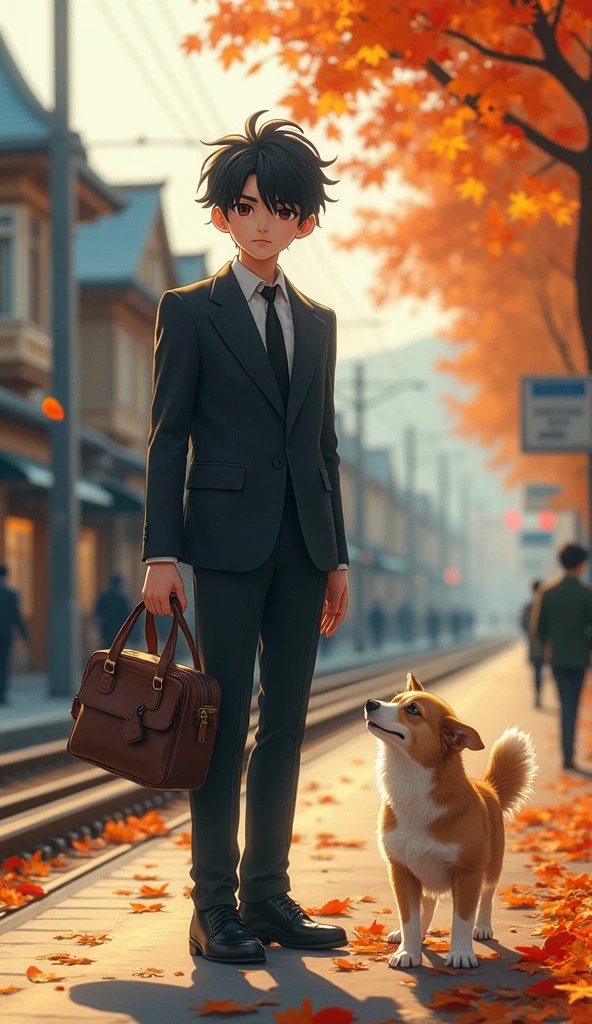 35mm lens，catboy，standing，dollface，Carrying a small school bag，Tram，Hokkaido，autumn season，Wood house，platform， layer,ruanjia,Suit,necktie，花catboy，stupid dog,肌肉发达的雄catboy, (精致的面容), (Thin and soft skin)