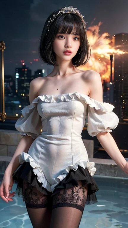 (((masterpiece))), (((Highest quality))), (((Very detailed))), Combat Action Pose, 1 female, (((Very thin body))), 18-year-old, (((short black bob, Fluffy and thick bangs))), Cosmetics Free, small, Thin Nose, small, Thin-lipped mouth, (((Very sharp focused eyes))), Large slit-shaped, Precise pale grey eyes, Shining like a jewel, Long eyelashes, ((Highly complex digital fashion, Off-the-shoulder gothic fashion, Lace and frills , Overly decorative fashion)), (((Abandoned for the night, Sophisticated virtual fires and explosions))), (((Overall accuracy has been dramatically improved, creating a Very detailed and realistic image))).