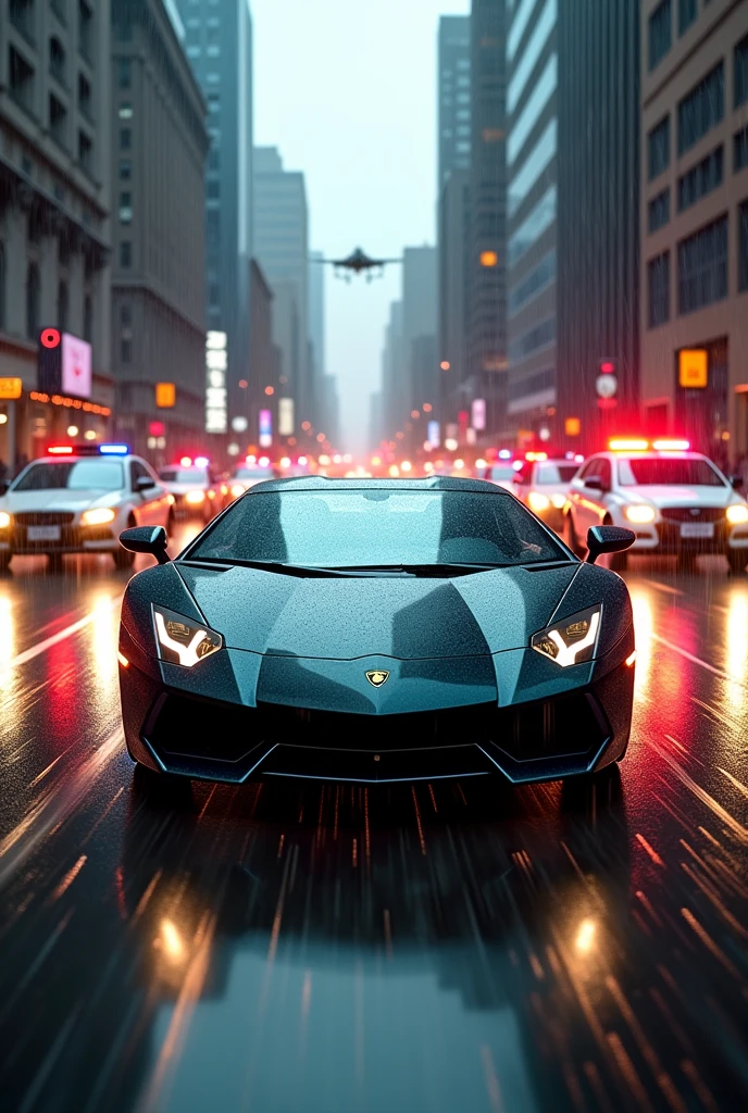 high speed chase of a lamboghini aventador racer and against police cars and a helicopter in the sky , (detailed stunning environment), cinematic, cover art, (low front angle), intricate, highly detailed, smooth, sharp focus, cinematic lighting, atmospheric, photoreal, 8k, Canon EF 200-400mm f/4L IS USM Extender 1. 4x Lens, stan Winston studio