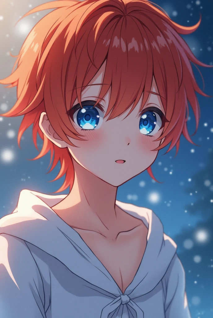 Anime boy  pretty red orange hair icy blue eyes pale sniw white skin wearing a night gown up close