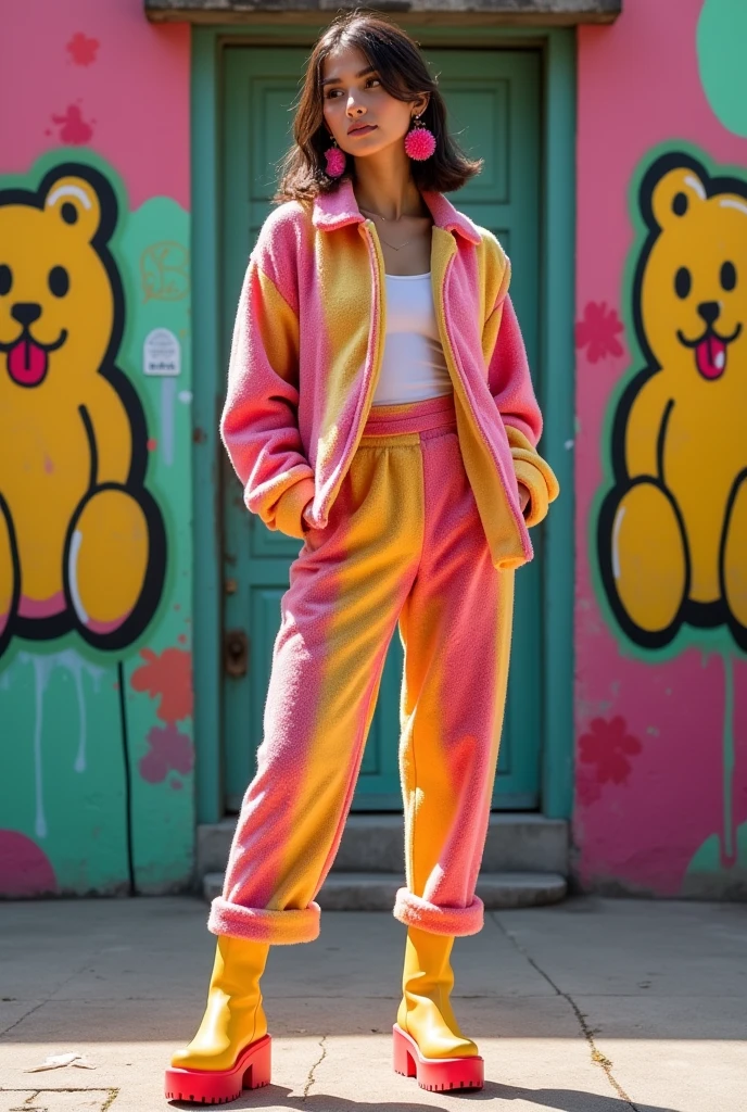 Generate a very modern and fashionable female wardrobe for a character that is inspired by gummies and that when you see it you say "It&#39;s a gummy bear" 
