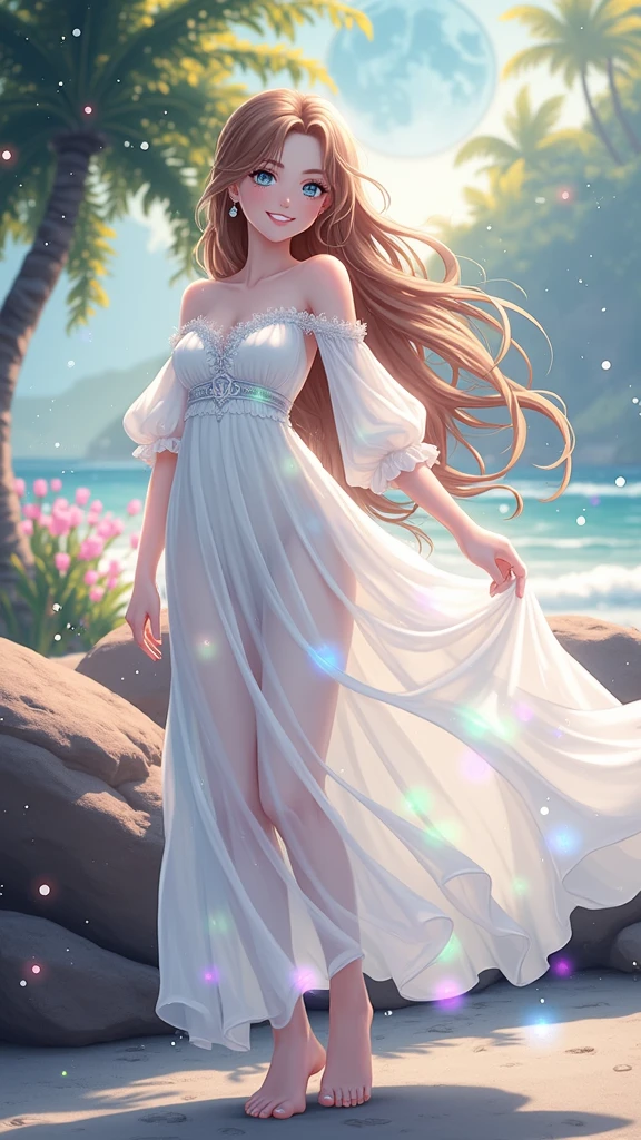 (masterpiece、Highest quality、8k、High resolution)、(The best beautiful girl)、Best Style、(The most beautiful face)、Clear skin、Clean blue eyes、Beautiful lips、smile、Beautiful white upper teeth、Beautiful nose、Blonde Hair、Ample breasts、Walking on the sand、look back、Ocean、You can see the forest、A bright night with stars visible、Beautiful starry sky、full moon、milky way、(体whole bodyから神秘的な光の粒子、Colorful Light)、(jewelry、necklace)、dress、(whole body)、Highly detailed anime art、A complete portrayal、Detailed CG、