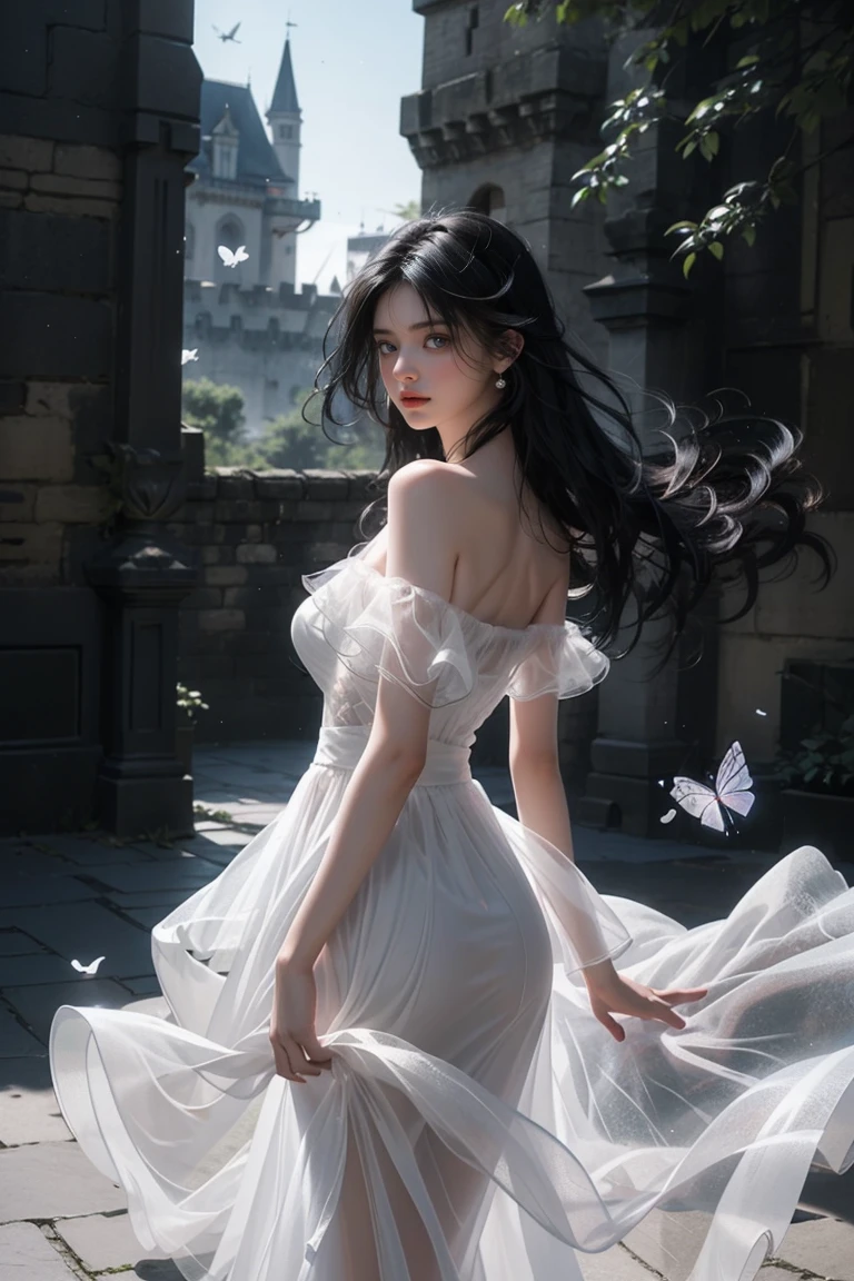 ((Girl standing in front of the wall of an old castle))、Fluorescent color、1 girl、Look to the side、Beautiful Face、Beautiful Eyes、(Off the shoulder:1.2)、Upper Body、Shiny Hair、Glowing Skin、 Reduce glare、Adjusted finger proportions、escrow、ass pov、Dynamic Angle、(((Master Parts)))、(((Highest quality)))、(((Super-detailed))) detailed)、(An illustration)、(detailedな光)、(Very delicate and beautiful)、dramatic_Shadow、Ray_Tracking、reflection、 Ultra-high resolution、((A girl with colorful hair and black hair with mesh))、 Her hair flutters in the wind、(big deep blue eyes)、Black-haired woman、 Sparkling butterfly、Black-haired woman、Points of light around the woman、Magical Aura、Green dot、About Auras Nature、超Magical AuraBlack-haired woman,((Translucent white open shoulder dress:1.3))、(Sleeveless)、((My skirt is flying up in the wind)),((An old European castle looms in the distance)),