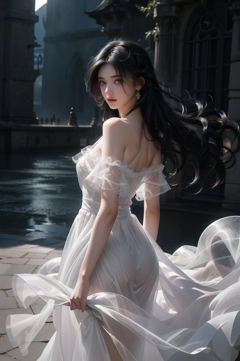 ((Girl standing in front of the wall of an old castle))、Fluorescent color、1 girl、Look to the side、Beautiful Face、Beautiful Eyes、（Off the shoulder：1.2）、Upper Body、Shiny Hair、Glowing Skin、 Reduce glare、Adjusted finger proportions、escrow、ass pov、Dynamic Angle、(((Master Parts)))、(((Highest quality)))、(((Super-detailed))) detailed）、（An illustration）、（detailedな光）、（Very delicate and beautiful）、dramatic_Shadow、Ray_Tracking、reflection、 Ultra-high resolution、((A girl with colorful hair and black hair with mesh))、 Her hair flutters in the wind、(big deep blue eyes)、Black-haired woman、 Sparkling butterfly、Black-haired woman、Points of light around the woman、Magical Aura、Green dot、About Auras Nature、超Magical AuraBlack-haired woman,((Translucent white open shoulder dress:1.3))、(Sleeveless)、((My skirt is flying up in the wind)),((An old European castle looms in the distance)),