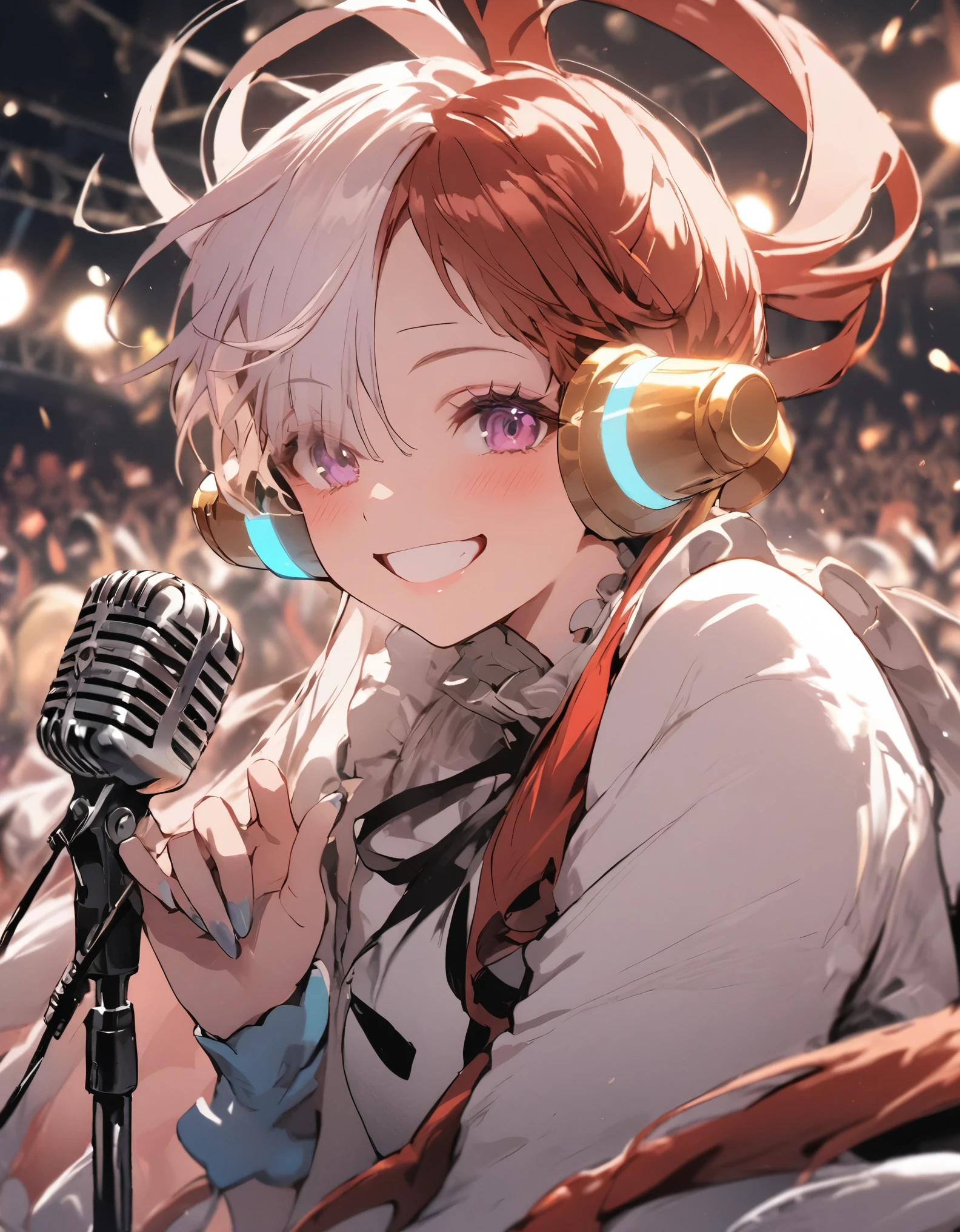 masterpiece、1 girl, Uta, red and white hair、((stand microphone))、smile、live stage background、lots of spotlights, (focus on the face)