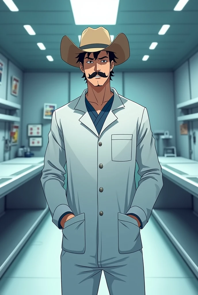 Make a man with a mustache, medical suit and rancher hat in a young anime morgue room