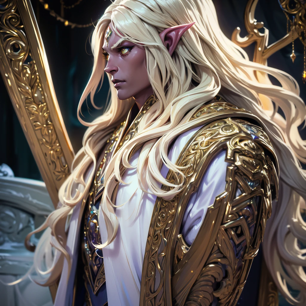 A handsome elf-drow man, blonde with long semi-wavy hair, dark skin, captivating golden eyes, wearing fine white clothes with gold accents, DnD fantasy style, cinematic lighting, intricate details, highly detailed, photorealistic, 8k, best quality, masterpiece
