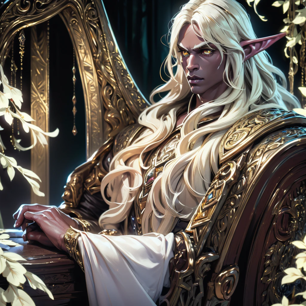 A handsome elf-drow man, blonde with long semi-wavy hair, dark skin, captivating golden eyes, wearing fine white clothes with gold accents, DnD fantasy style, cinematic lighting, intricate details, highly detailed, photorealistic, 8k, best quality, masterpiece
