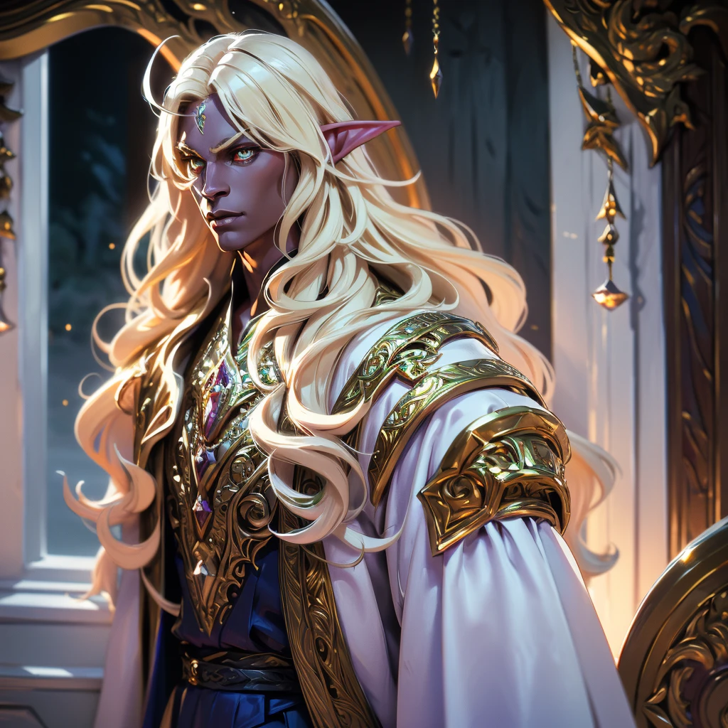 A handsome elf-drow man, blonde with long semi-wavy hair, dark skin, captivating golden eyes, wearing fine white clothes with gold accents, DnD fantasy style, cinematic lighting, intricate details, highly detailed, photorealistic, 8k, best quality, masterpiece
