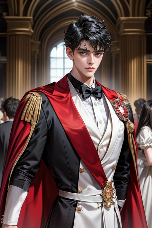 masterpiece, 最high quality, high quality, 1 boy, alone, Male focus, Upper Body,Watching the audience, Messy black hair, Adorable big blue eyes, White, Noble, Noble,A black and red cape that is bursting with sexy volume、Tuxedo、A very voluminous, large, very large, very large, long, long red and black cape with a high stand-up collar, made of a lot of fabric that reaches down to the floor., ,cute beautiful,Cute, cute, kind, handsome guy
