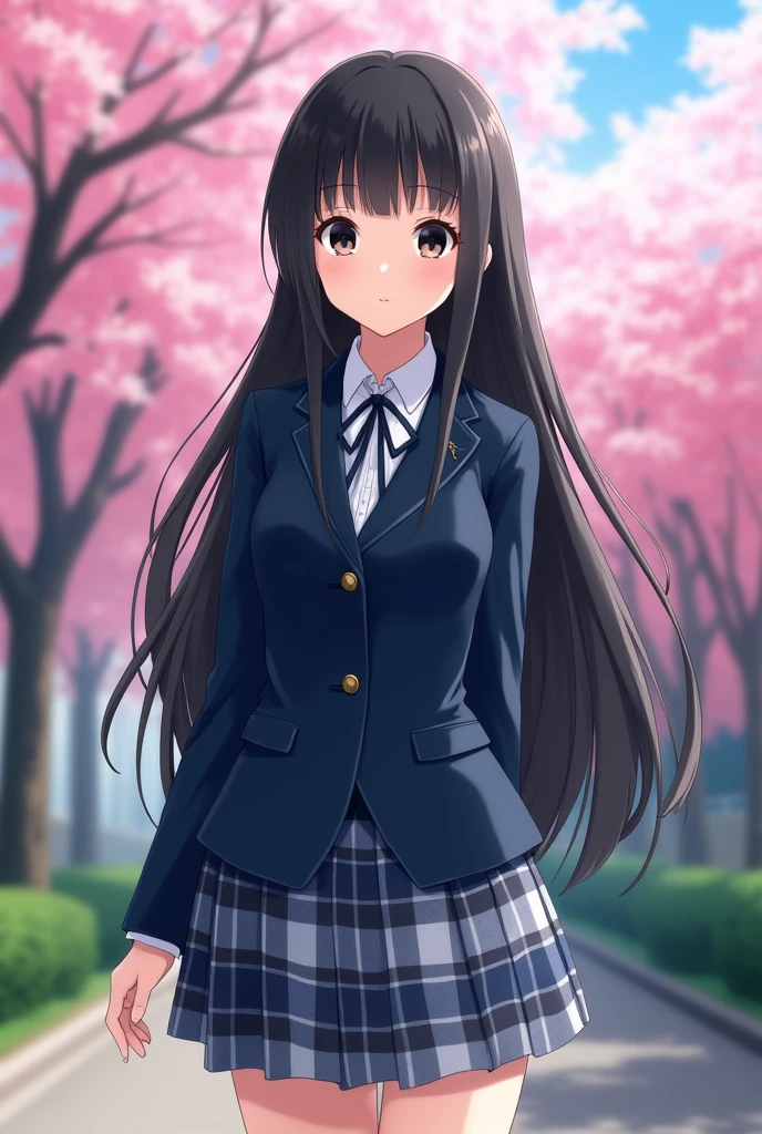 Black-haired Japanese high school girl。

The uniform is a blazer and the top is navy blue, giving it a realistic, photo-like feel.。
The skirt is checkered in light blue, navy blue, and gray.。
The length of the skirt is a little short, the length of the hair is long enough to reach the waist, and the bangs are long enough to cover the eyebrows. The composition is like a photograph.