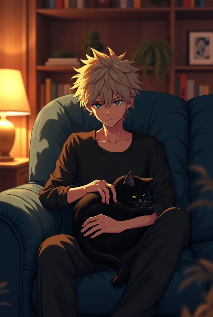 Adult Katsuki bakugo sitting on a dark blue couch with a black cat on his lap petting it