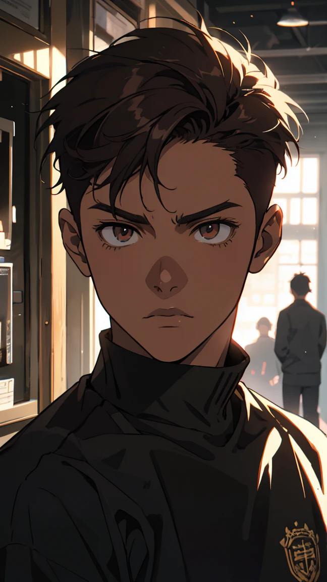 Front light, forward facing, high school student, young man, teenager, stern eyes, cool, tall young man, muscular body, dark skin, black sweatshirt, very short, red mesh hair, shaved sides, 8k, high quality, Custom light, portrait, expressive, sharp focus, masterpiece