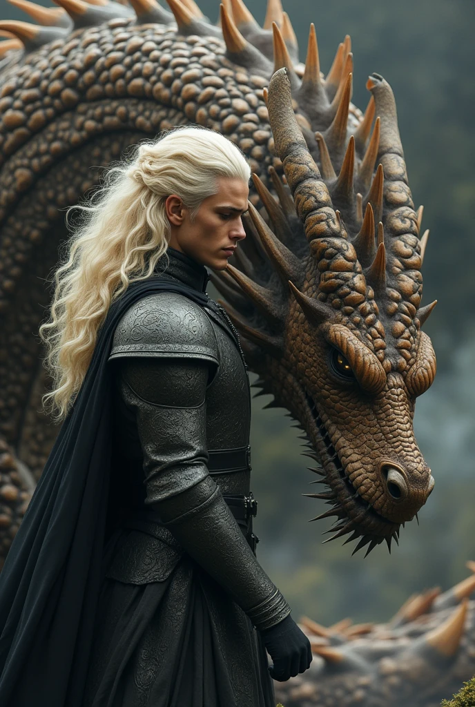 intricate highly detailed portrait of a handsome aesthetic targaryen prince, long curly platinum blonde hair, sitting upon a large brown dread targaryen dragon, hyperrealistic, octane render, cinematic lighting, dramatic lighting, award winning digital art, delicate intricate details, ornate fantasy, intricate fantasy art, concept art, matte painting, digital painting, atmospheric, ethereal, mystical, magical realism