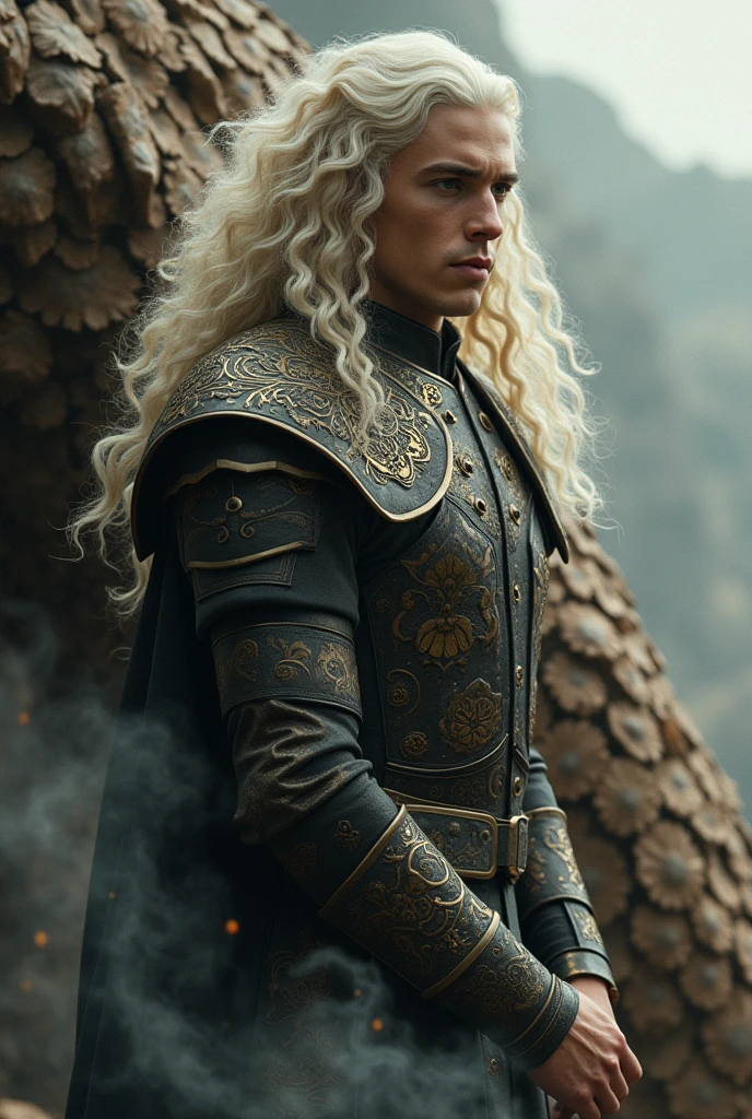 intricate highly detailed portrait of a handsome aesthetic targaryen prince, long curly platinum blonde hair, sitting upon a large brown dread targaryen dragon, hyperrealistic, octane render, cinematic lighting, dramatic lighting, award winning digital art, delicate intricate details, ornate fantasy, intricate fantasy art, concept art, matte painting, digital painting, atmospheric, ethereal, mystical, magical realism