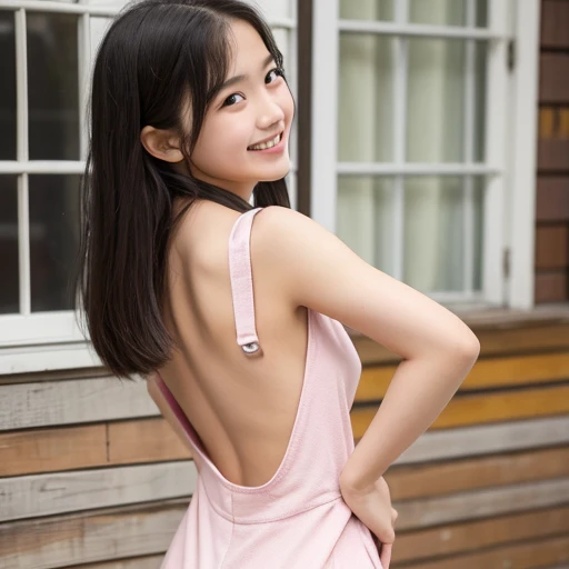 1 female 、clavicle、Nipples、She is smiling、Small breasts、Nude Overalls、The back is wide open