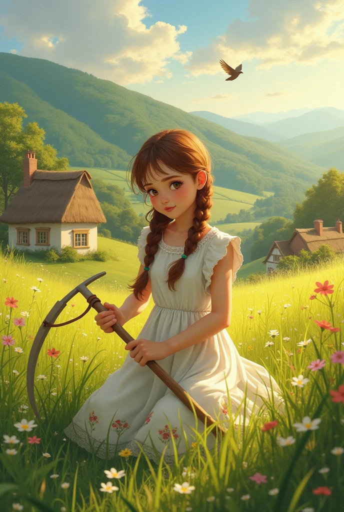 A beautiful village girl cutting grass