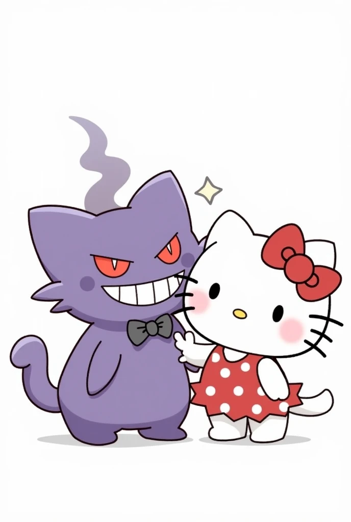 Gengar and hello kitty, with clothes, couple, Kiss, 2D drawing, Black and withe