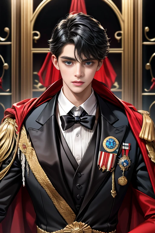 masterpiece, 最high quality, high quality, 1 boy, alone, Male focus, Upper Body,Watching the audience, Messy black hair, Adorable big blue eyes, White, Noble, Noble,A black and red cape that is bursting with sexy volume、Tuxedo、A very voluminous, large, very large, very large, long, long red and black cape with a high stand-up collar, made of a lot of fabric that reaches down to the floor., ,cute beautiful,Cute, cute, kind, handsome guy