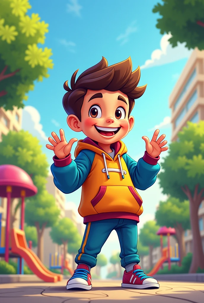 A drawing of a mascot character boy wearing a hoodie
