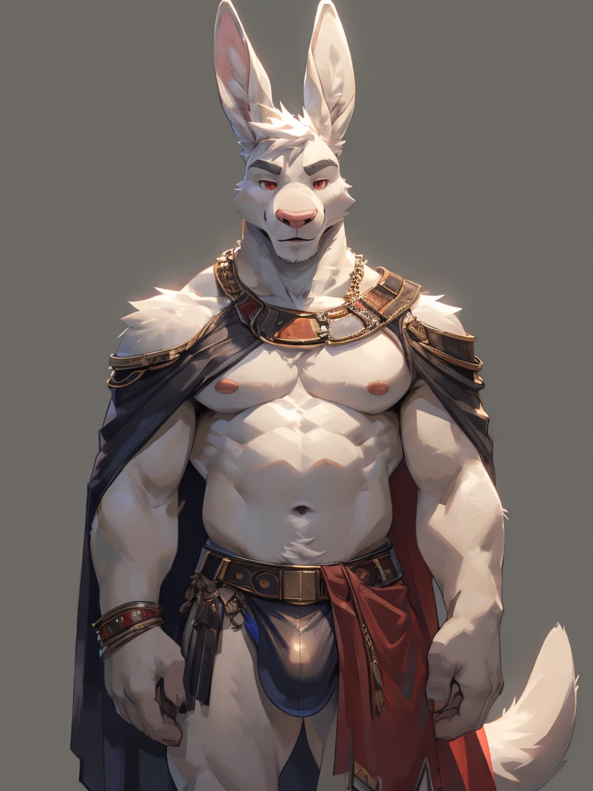 Solo, male, albino kangaroo, in one color tone, with tall rabbit ears, in gladiator shoulder cape, navel showing, in tiny gladiator leather subligar, chest, big chest view, ((focus body, furry focus, shades focus, body shades)) (((gray background, gray wallpaper, one color))), by darkgem, by mystikfox61, by glitter trap boy, albino, all white fur, red eyes, pink nose, navel, bulge, full body view, kangaroo tail, no abs, facing forward