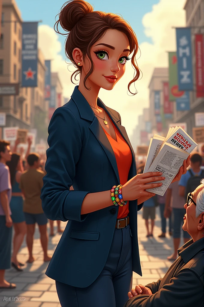 Girl in a political state becomes happy and serious when helping others