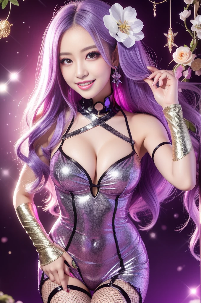 beautiful sexy model who controls poison、beautiful smile、lip-gloss、long lashes、metallic makeup、look at the camera、full body Esbian、、sparkling poisoned flower costume、、、、shiny sparkling multicolor hair、secrete poison、skull hair accessories、fishnet tights、shiny sparkling flowers background